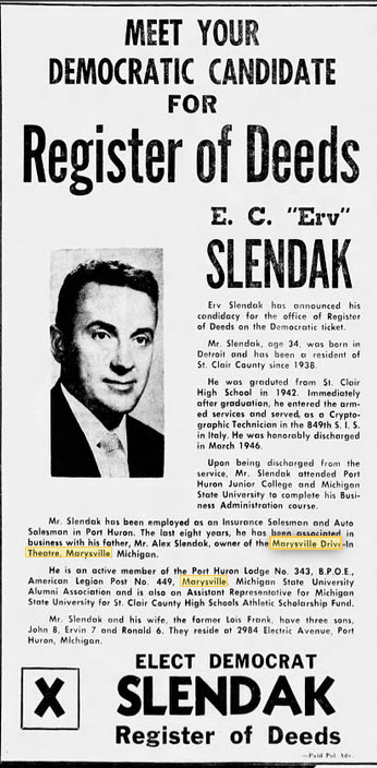 Marysville Drive-In Theatre - 02 Nov 1958 Ad (newer photo)